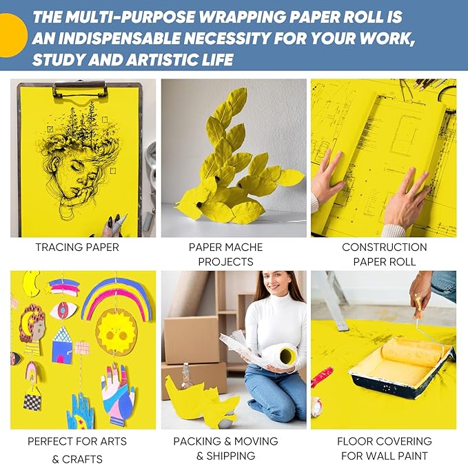Yellow Wrapping Paper Craft Paper Kraft Paper Roll 15"x450", Bulletin Board Paper, Arts & Crafts, Gift Wrapping Packing Painting Drawing Paint Easel Poster Chart Decorative Paper, Kids Art Supplies