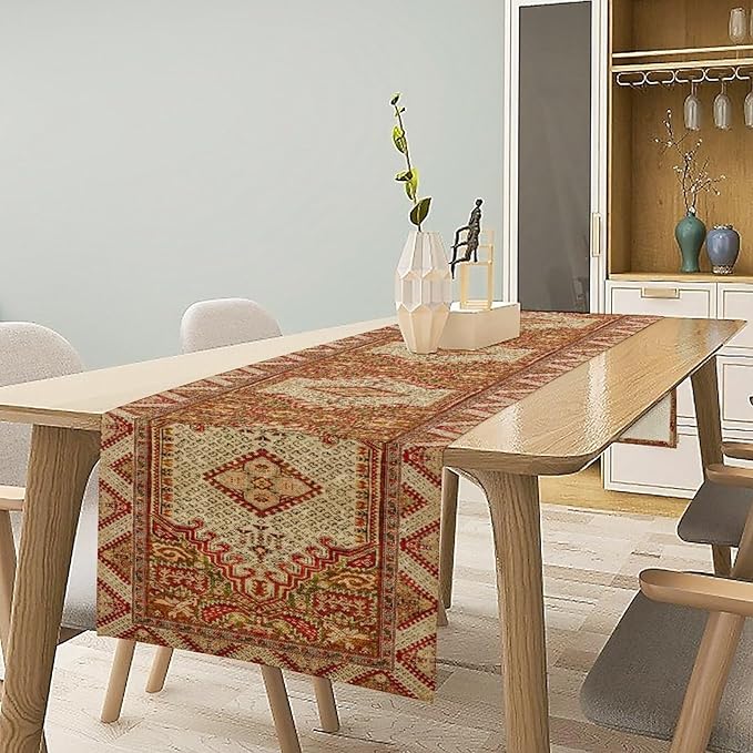 Boho Bohemia Style Orange Table Runner, Country Rustic Farmhouse Magical Abstract Print Pattern for Home Kitchen Table Decor Dining Coffee Room Garden Party Decor 13x60in