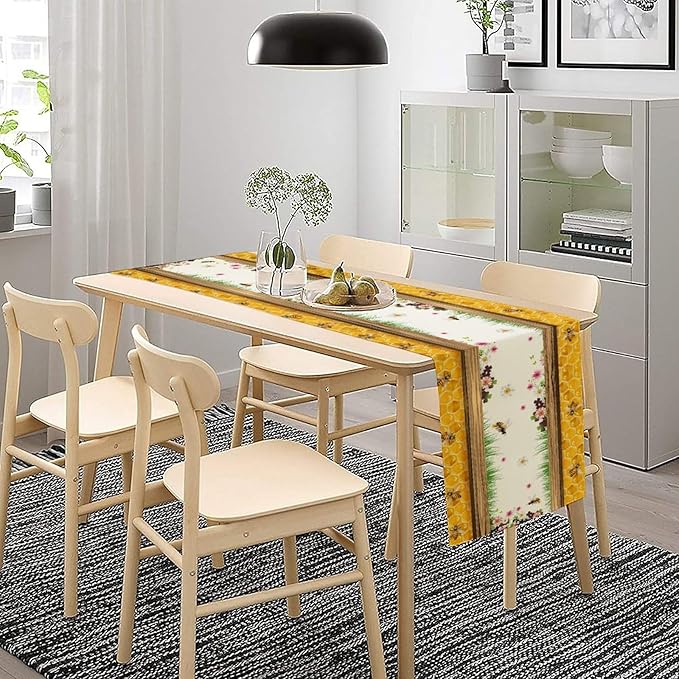 Watercolor Honeycomb Table Runner, Farmhouse Spring Summer Autumn Fall Floral Daisy Bee Print Kitchen Dining Table Decoration for Home Party Decor, 13x120inch