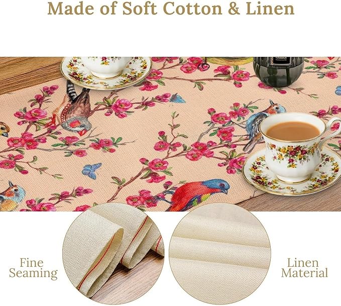 Floral Butterfly Table Runner Seasonal Spring Flower Bird Table Decoration Table Runner for Home Party Decoration 13x108 Inch
