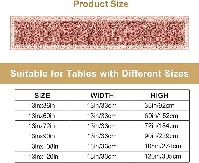 Boho Floral Vintage Table Runner, Retro Red Flower Rustic Country Farmhouse Abstract Pattern for Home Kitchen Table Decor Dining Coffee Room Party Decor 13x90in