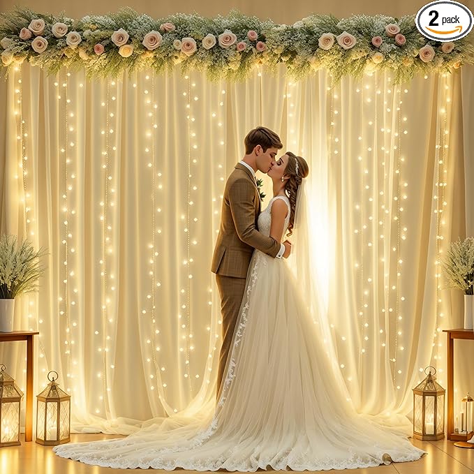 10ft x 8ft Champagne Sheer Tulle Backdrop Curtains with Lights String Wedding Backdrop for Reception Ceremony Birthday Party Baby Shower Photo Booth Background Decoration