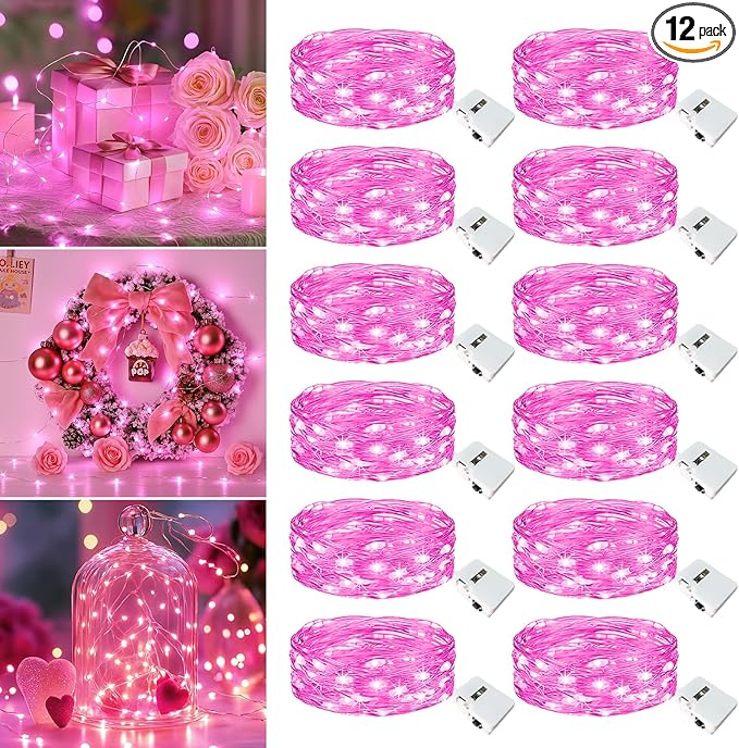 12 Pack Fairy Lights Battery Operated - 7ft 20 Led Twinkle Lights 3 Modes, Bulk Mini String Lights Waterproof for Mason Jars Vases DIY Party Wedding Decoration Christmas - Pink