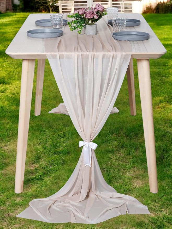 MDS 15 Pack 10ft Chiffon Table Runner 29 x 120 Inches Sheer Wedding Runner Romantic Rustic Table Runner for Wedding Decorations, Birthday Parties, Bridal Shower Party Arch Decor - Nude