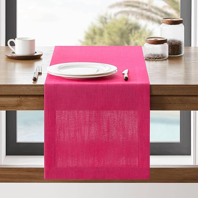 ZeeMart Linen Textured Border Table Runner, 14 x 60 Inch Hot Pink, Farmhouse Style Pink Table Runners 60 Inches Long, Easy Care Everyday Polyester Table Runner