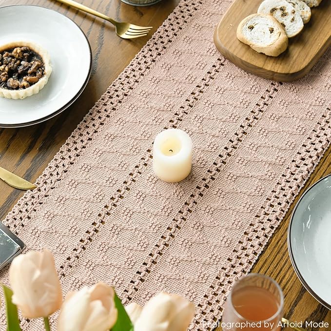 Artoid Mode Pink Farmhouse Woven Rustic Hollow Table Runner, Seasonal Holiday Hollow Kitchen Dining Table Decoration for Home Party Decor 12x120 Inch