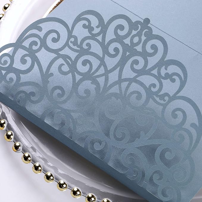 PONATIA 5.12 x 7.2 Dusty Blue Laser Cut Invitation Pocket, 20PCS Tri-Fold 5 x 7 Laser Cut Wedding Invitation Pockets with Envelopes for Wedding Bbay Shower Birthday Sweet 16 Invite (No Inner Sheet)