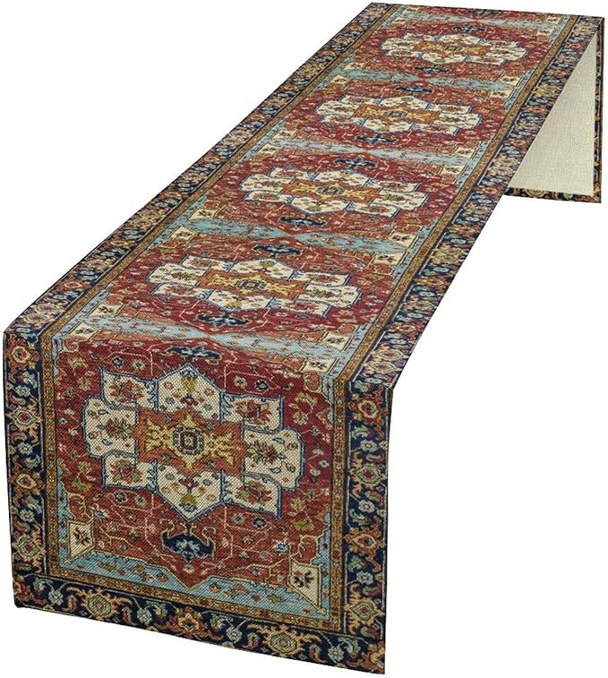 Vintage Boho Floral Table Runner, Rustic Country Farmhouse Red Blue Gold Retro Flower Pattern for Home Kitchen Table Decor Dining Coffee Room Party Decor 13x72in