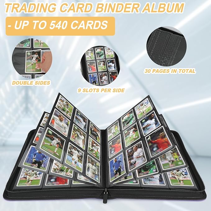 9 Pocket Card Binder, Premium Zip Trading Card Binder, 540 Double Sided Pocket PU Collection Binder, Collector Album, Card Folder for MTG, TCG, Sports Cards