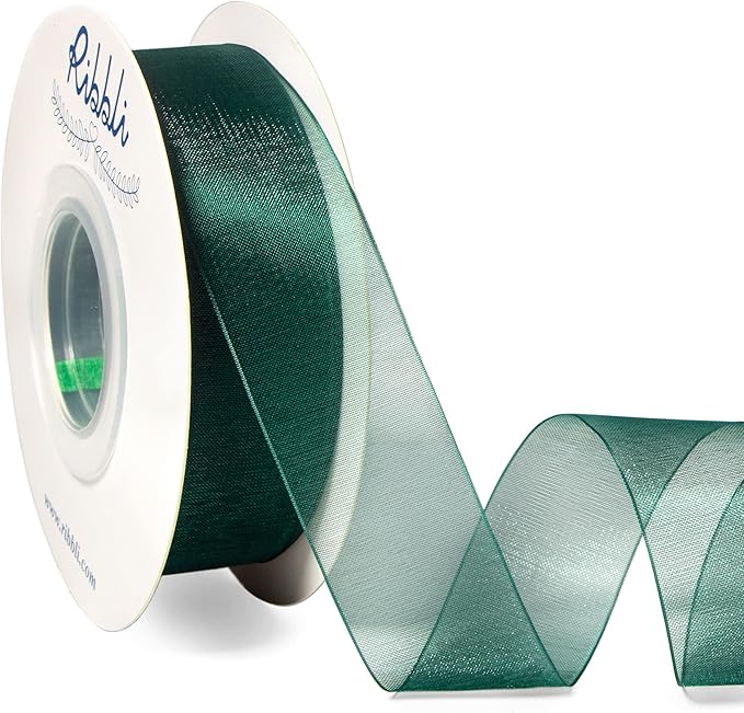 Ribbli Spruce Green Organza Ribbon,1 Inches x Continuous 50 Yard, Green Sheer Ribbon for Gift Wrapping,Cookie Wrapping,Wedding Decoration,All Crafting and Sewing