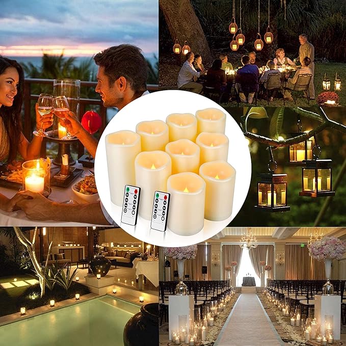 9pcs Flameless Flicking LED Candles with Remote, Battery Operated Candles, Electric Candle for Dining Tables and Fireplaces