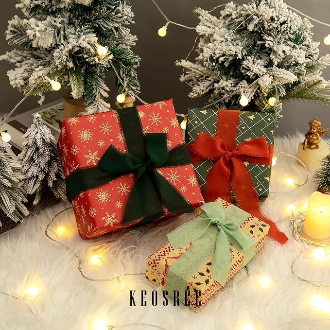 3 Rolls Sage Green Handmade Chiffon Ribbon,1.5" x 21Yd Frayed Fringe Silk Ribbons (3 Rolls *7Yd) for Gifts Wrapping, Wedding Invitations, Bridal Bouquets, Decorations
