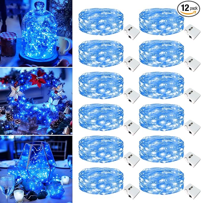 12 Pack Fairy Lights Battery Operated - 7ft 20 Led Twinkle Lights 3 Modes, Bulk Mini String Lights Waterproof for Mason Jars Vases DIY Party Wedding Decoration Christmas -Blue