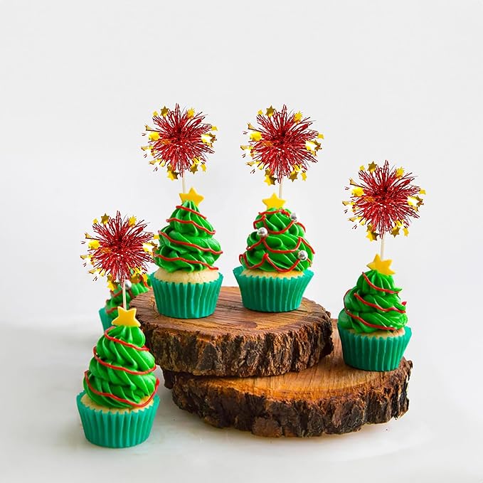 Ephlyn 30Pcs Foil Firework Cupcake Toppers Party Birthday Cake Toppers Supplies Sparkle Tinsel Cocktail Fruit Toothpick for Birthday Wedding Graduation Party Red