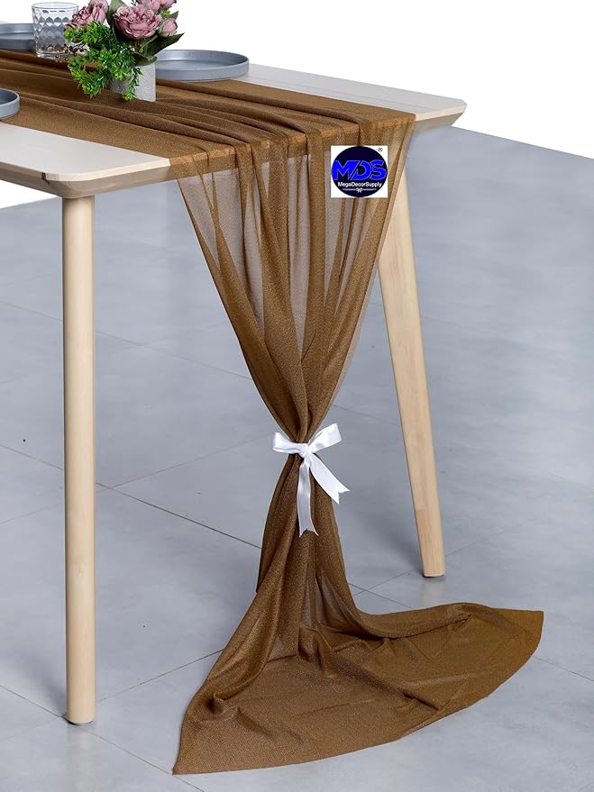 MDS 2 Pack 14ft Chiffon Table Runner 29 x 170 Inches Sheer Wedding Runner Romantic Rustic Table Runner for Wedding Decorations, Birthday Parties, Bridal Shower Party Arch Decor - Mocha