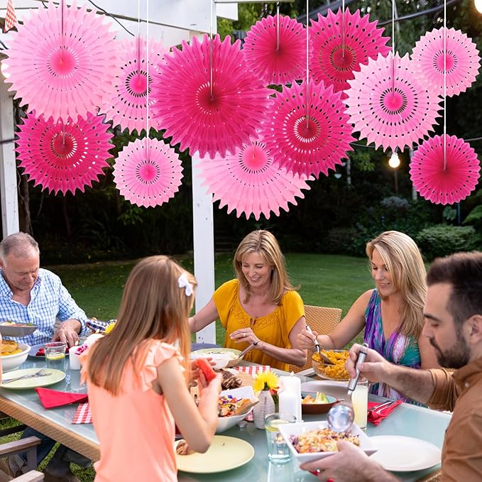 Outus 12 Pcs Hanging Honeycomb Paper Fans Sets, Fiesta Hot Pink Party Decorations, Tissue Paper Flowers Supplies for Birthday Wall Classroom Wedding Photo Backdrop (8/12/16 Inch)