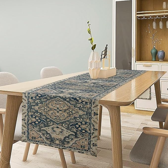 Vintage Boho Floral Table Runner, Rustic Country Farmhouse Blue Grey Retro Flower Pattern for Home Kitchen Table Decor Dining Coffee Room Party Decor 13x90in