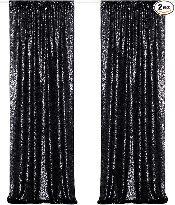 Poise3EHome Black Sequin Backdrop Curtains, 2 Panels 2FTx8FT Glitter Photo Booth Backdrop for Halloween Birthday Bachelorette Wednesday Twilight Party Decorations