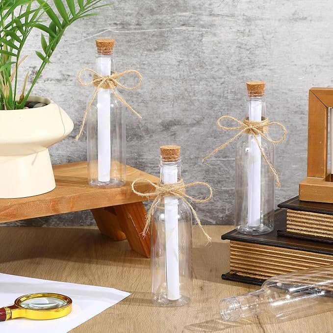 Baderke 24 Pcs 5.6 oz Message Bottles with Letter Printer Paper Plastic Bottles & Corks Twines for Message Invitations Birthday Wedding Baby Shower DIY Crafts Gift Party Favors (White)