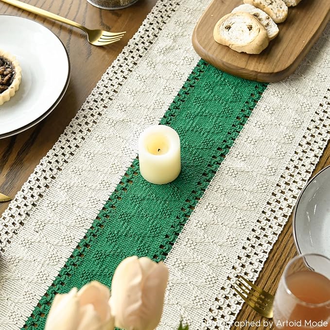 Artoid Mode Dark Green Farmhouse Rustic Table Runner, Seasonal Holiday Hollow Kitchen Dining Table Decoration for Home Party Decor 12x72 Inch