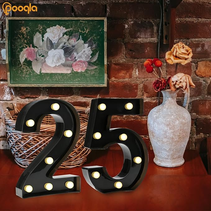 Pooqla 25th Birthday Decorations for Her Him, Black Light Up Number 25 for Party Table Decorations, 25th Birthday Gift for Men Women, Backdrop Wall Decor for 25th Wedding Anniversary Decoration