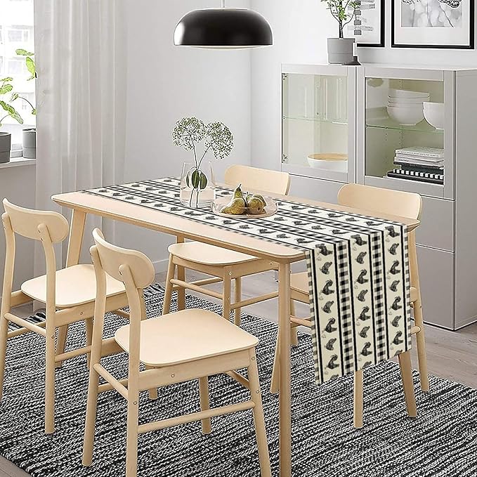 Rooster Table Runner,Farmhouse Animal Vintage Chicken Black White Plaid Check Tablecloth Burlap for Hotel Indoors Outdoor Dining Room Kitchen Home Decor,W13X L80 in