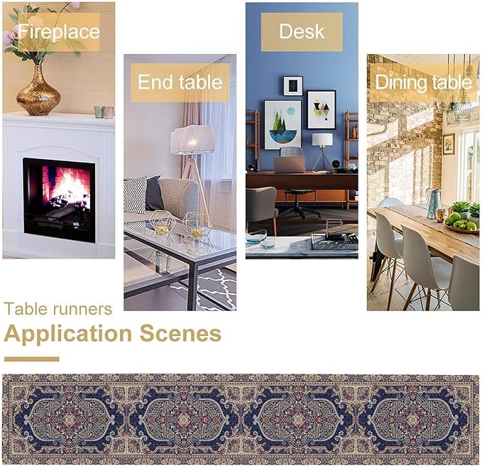 Vintage Boho Floral Table Runner, French Rustic Country Farmhouse Purple Golden Bohemia Flower Pattern for Home Kitchen Table Decor Dining Coffee Room Party Decor 13x72in