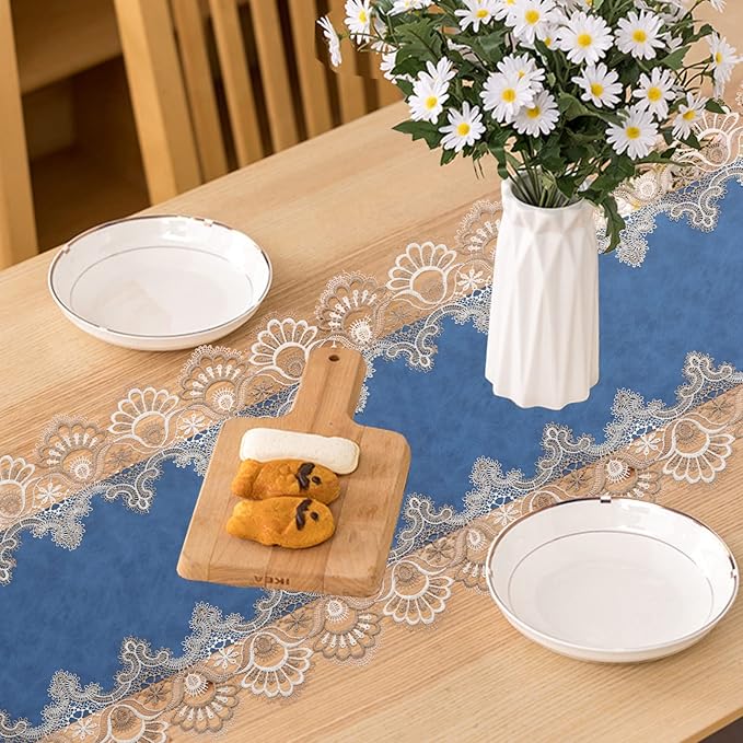 Vintage Lace Dining Table Runner, 120 Inches Floral Coffee Table Runners for Kitchen Home Christmas Party Decorations (16x120 inch, Blue)