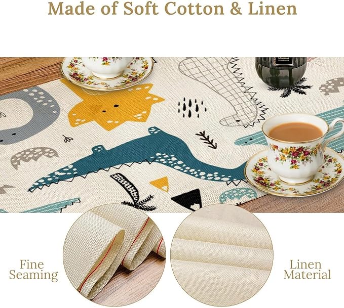 Cartoon Dinosaur Table Runner,Kids Boys Cute Various Dino Moutain Modern Abstract Print Tablecloth Burlap for Hotel Indoors Outdoor Dining Room Kitchen Holiday Party, 13x80in