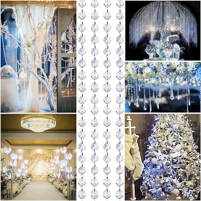 99ft Acrylic Crystal Garland Strands - Hanging Chandelier Gem Bead Chain - 14mm Clear Octagon Prism Diamond String Decorations for Wedding Party Manzanita Centerpiece Christmas Tree