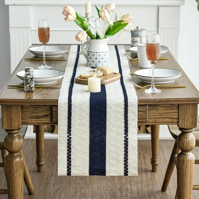 Artoid Mode Dark Blue Farmhouse Woven Rustic Table Runner, Seasonal Holiday Hollow Kitchen Dining Table Decoration for Home Party Decor 12x120 Inch