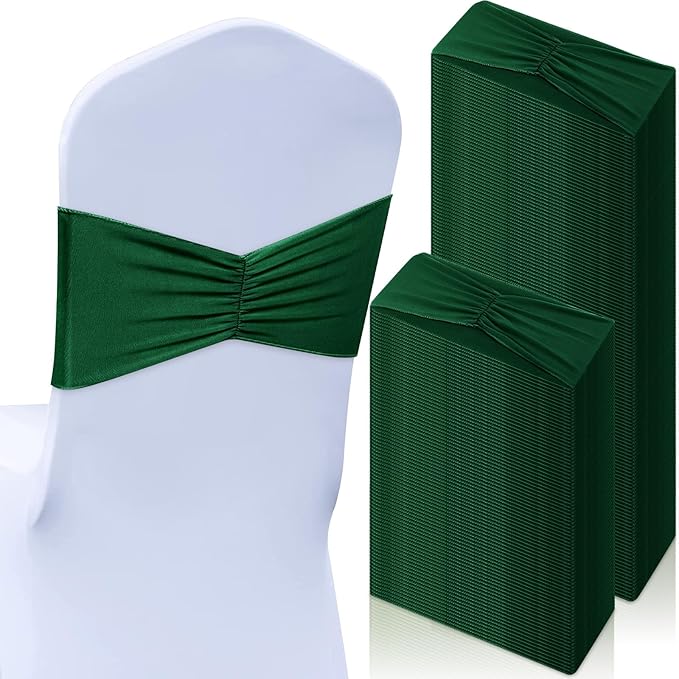 Moukeren 100 Pcs Spandex Chair Sashes Bows Bands Slider Sashes for Chair Covers Elastic Bands Ties Ribbon Decorations for Wedding Party Events Ceremony Birthday Banquet (Dark Green)