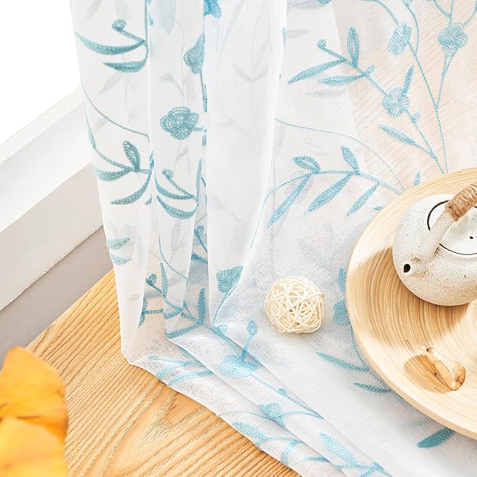 White Embroidery Sheer Curtains White-Blue 95 Inches, Floral Window Treatments Rod Pocket Drapes for Living room, Bedroom, Semi Voile Curtain Panels for Yard, Patio, Villa, Parlor, Set of 2, 52"x 95".