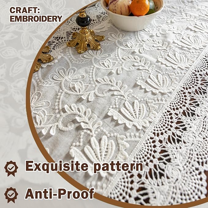 White Elegant Vintage Lace Table Runner,Wedding Lace Decor with Floral Embroidery,Tea Party Decor (White, 13.8X71 Inches)