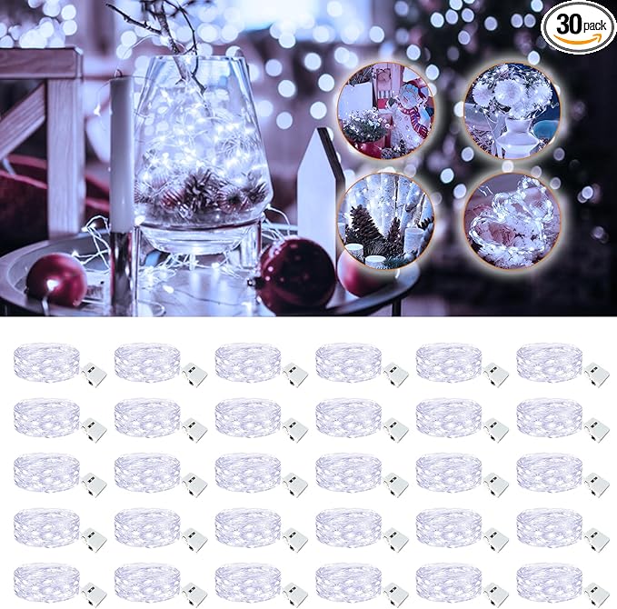 30 Pack Fairy Lights Battery Operated - 7ft 20 Led Twinkle Lights 3 Modes, Bulk Mini String Lights Waterproof for Mason Jars Vases DIY Party Wedding Decoration Christmas -Cool White