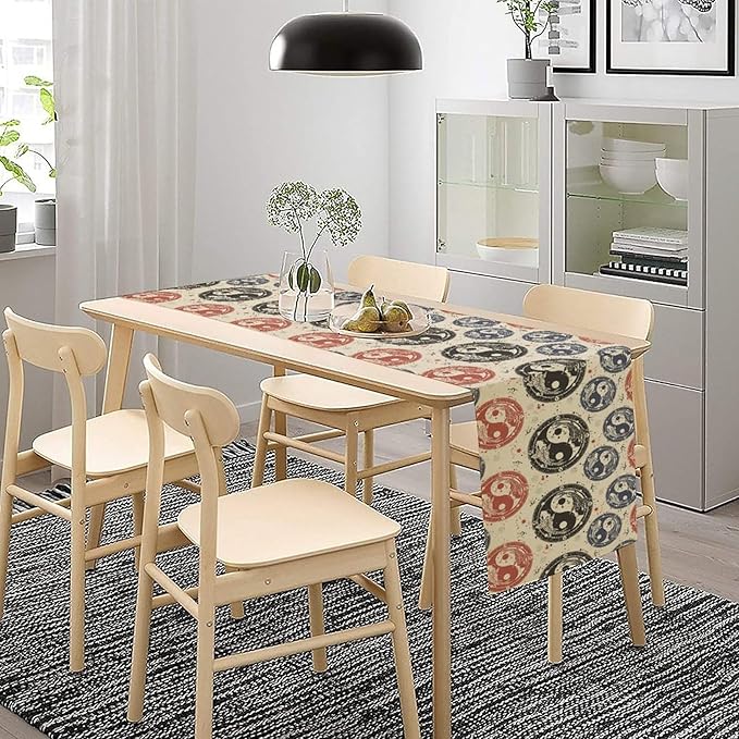 Yin Yang Table Runner, Vintage Mid Century Traditional Oriental Koi Fish Mystical Celestial Moon Stars Print Table Runner for Kitchen Dining Table Party Decor, 13x108inch