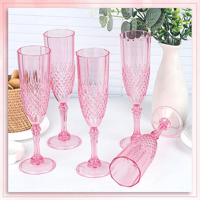 Plastic Champagne Flutes, 24PCS Pink Wine Glasses Goblets Cups Reusable Flute, for Weddings Bachelor Parties Toasting and Events (24, Pink)
