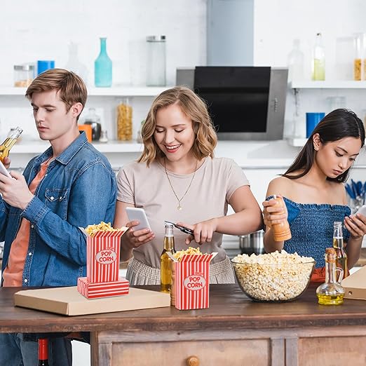 Xinnun 200 Pcs Paper Popcorn Boxes 1 oz Close Top Oil Proof Disposable Popcorn Container 6 x 4 x 2 Inch Stripes Leak Proof Popcorn Boxes for Party Movie Party Theater Night Birthday (Red)
