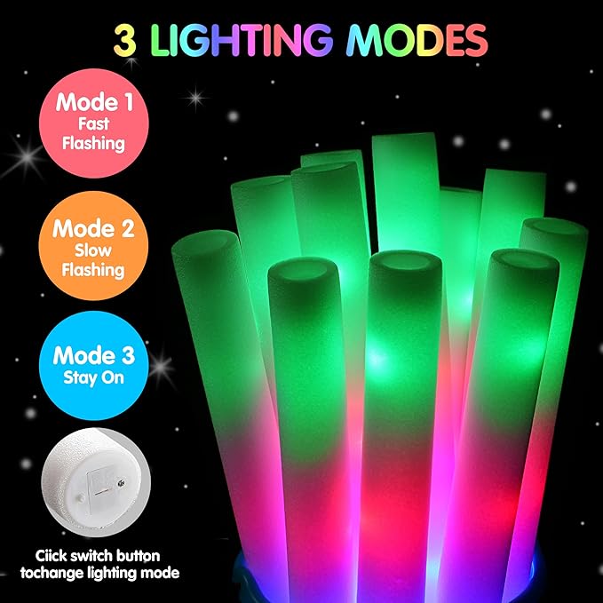 JOYIN 100 PCS LED Light Up Foam Sticks, Glow Sticks Party Favors Bulk with 3 Modes Color Flashing Glow Party Supplies for Halloween, Spooky Celebrations, Wedding, Camping, Birthday, Raves, Carnival