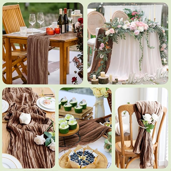 Asee'm 12pcs Cheesecloth Table Runner 120 Inches Long Brown Boho Gauze Cheese Cloth Runner 10FT Rustic Sheer Fall Table Runners for Thanksgiving Christmas Wedding Party Baby Shower Decoration