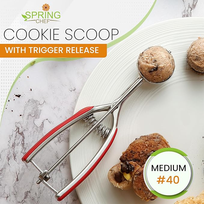 Spring Chef Red Medium 1.7 Tbsp Cookie Scoop for Baking - Stainless Steel #40 Melon Baller Scoop with Trigger Release - Multifunctional Food Scooper for Kitchen - Dishwasher Safe Cookie Baller