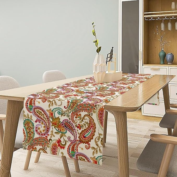 Colorful Paisley Table Runner, Boho Vintage Pink Red Teal Floral Leaves Print Table Runner for Home Kitchen Dining Table Holiday Party Decor, 13x60inch