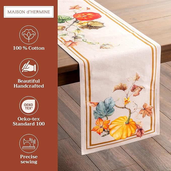 Maison d' Hermine Table Runner 100% Cotton Double Layer Table Runners 108 inches Long for Thanksgiving Christmas Decorations Home Kitchen Dining Party Wedding (Potiron, 14.5" x 108")