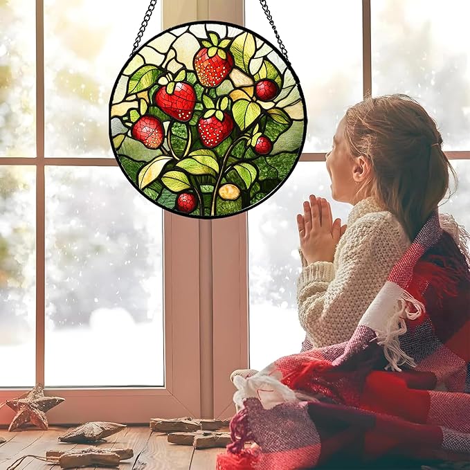 Stained Glass Window Hanging - Red Strawberry Suncatcher for Doors Window Home Green Plant Sun Catchers Decor Christmas Mother's Day Birthday Gifts for Teacher Women Men Mom Nana 6.3 in