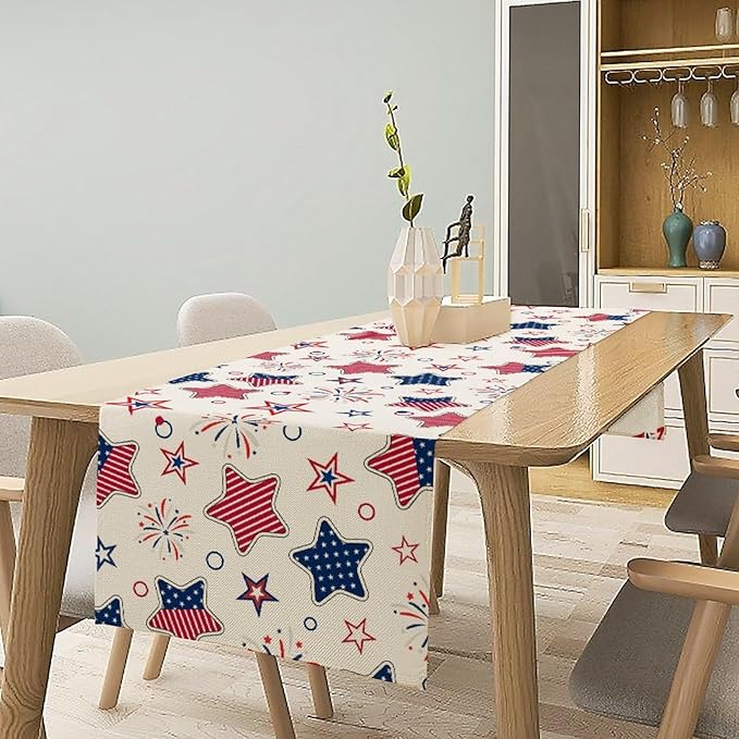 4th of July Table Runner, American Patriotic Independence Day Red Blue White Stars Stripes Fireworks Print Table Runner for Home Party Decor Kitchen Dining Table, 13x120inch