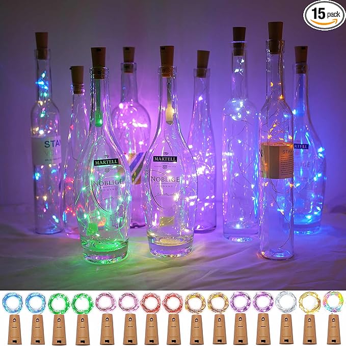 20 LED Wine Bottle Lights with Cork, 15 Pack Battery Operated Cork Shape Fairy Light Waterproof Mini Copper Silver Wire String Lights for Party, Wedding, Christmas, Bedroom Decoration(Colorful)