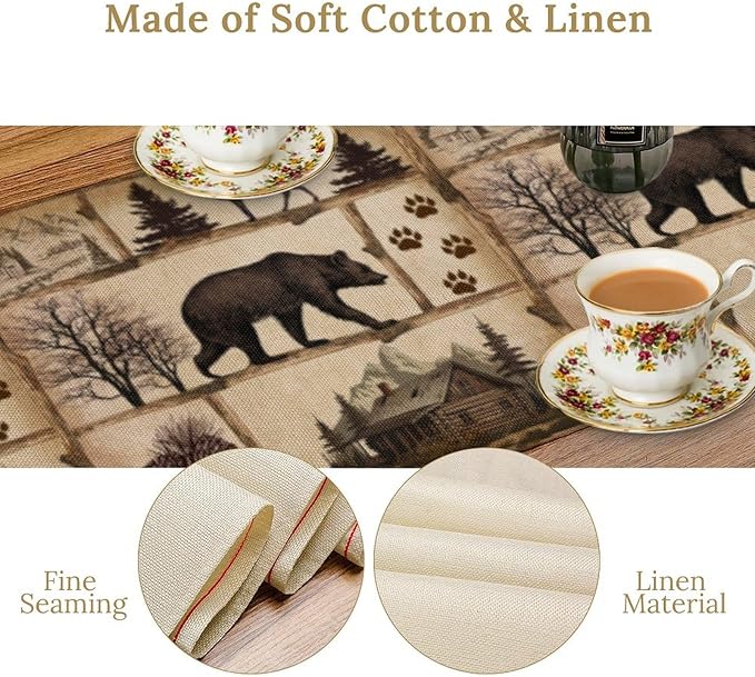 Rustic Cabin Table Runner, Retro Moose Cone Deer Bear Farmhouse Lodge Table Runner for Dinner Living Room Kitchen Vintage Country Cottage 13x60 Inch
