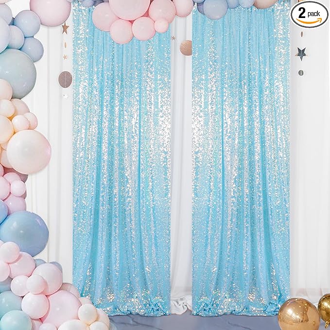 ShinyBeauty Iridescent Aqua Sequin Backdrop Curtain 5FTx10FT 2 Panels Photo Backdrops Blue Backdrop 10FT Sequin Fabric Curtains Christmas Studio Birthday Party Backgrounds