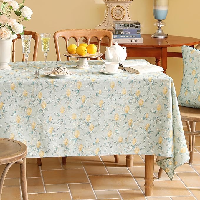 patdrea Designer Linen Green Long Tablecloth for Rectangle Table,Vintage Breathable Yellow Fruits Pattern Table Cloth,Decor Cover for Kitchen Dining,Christmas,Thanksgiving,Party,63"x102"-Ania a