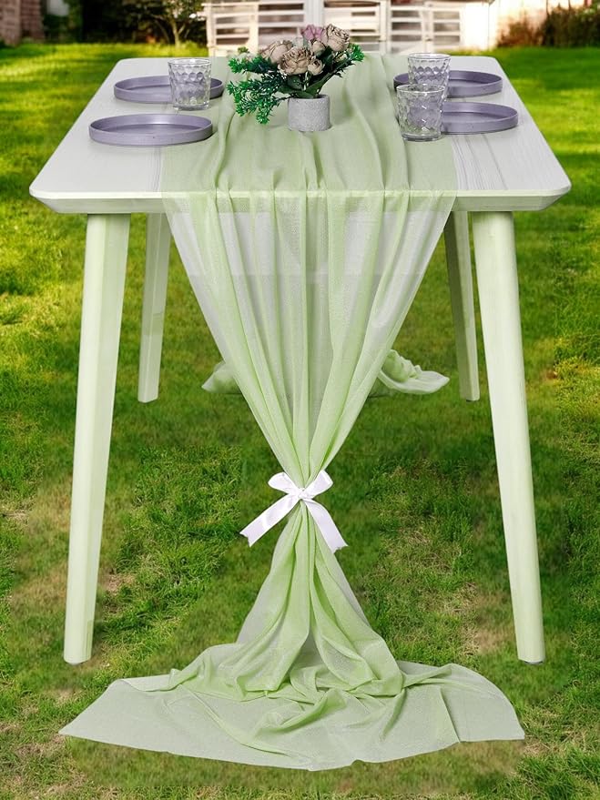 MDS 25 Pack 10ft Chiffon Table Runner 29 x 120 Inches Sheer Wedding Runner Romantic Rustic Table Runner for Wedding Decorations, Birthday Parties, Bridal Shower Party Arch Decor - Sage Green